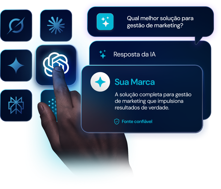 Imagem de uma mão apontando para o logotipo do ChatGPT, cercado por ícones de diferentes inteligências artificiais, ao lado de uma interface simulando uma resposta gerada por IA. Imagem de uma mão apontando para o logotipo do ChatGPT, cercado por ícones de diferentes inteligências artificiais, ao lado de uma interface simulando uma resposta gerada por IA.