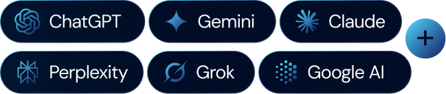 Logotipos das principais plataformas de inteligência artificial, incluindo ChatGPT, Gemini, Perplexity, Claude, Google AI, Grok e um símbolo de adição representando outras IAs. Logotipos das principais plataformas de inteligência artificial, incluindo ChatGPT, Gemini, Perplexity, Claude, Google AI, Grok e um símbolo de adição representando outras IAs.